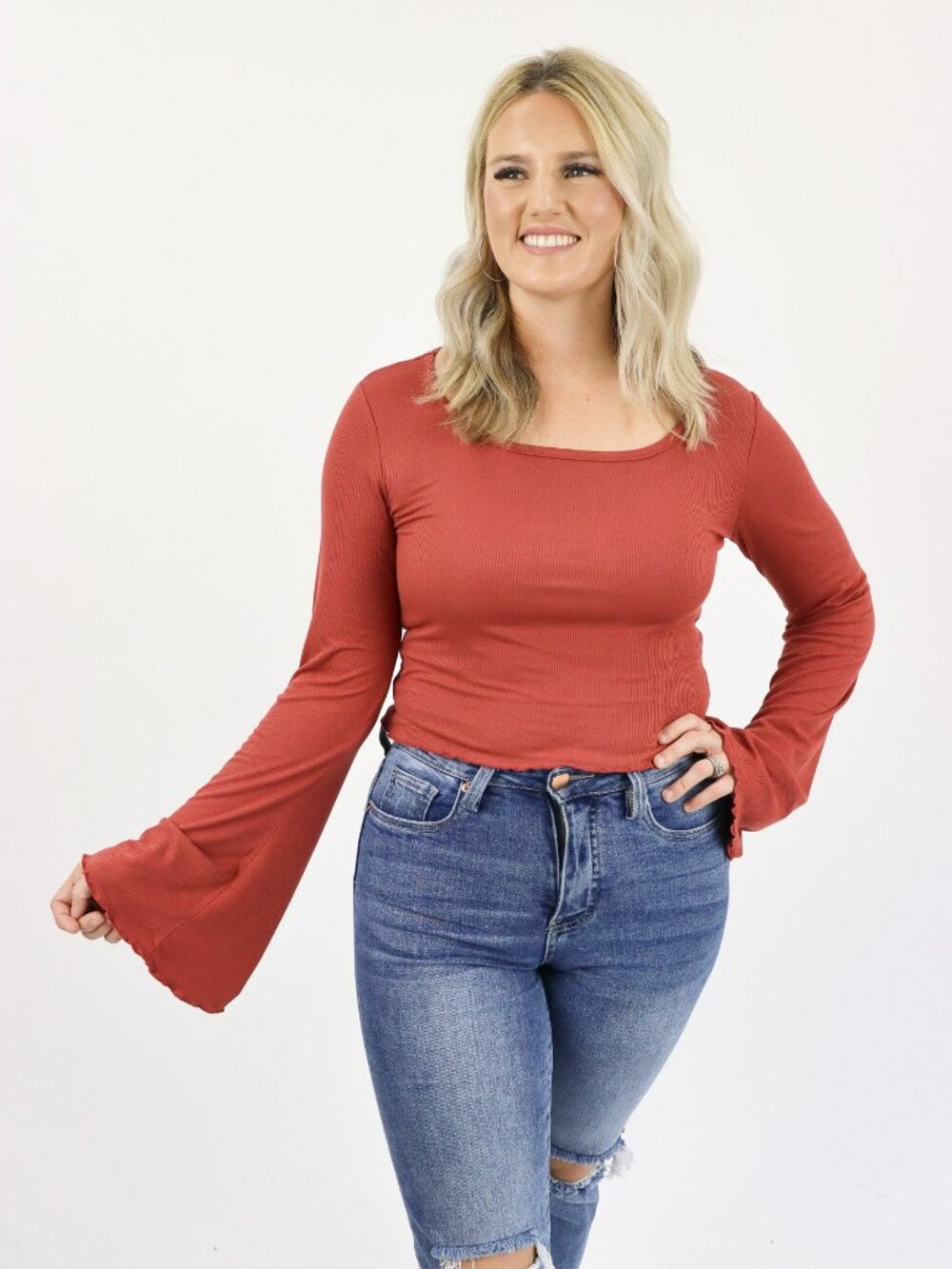 Alexander Jane Ribbed Bell Sleeve S TerraCotta